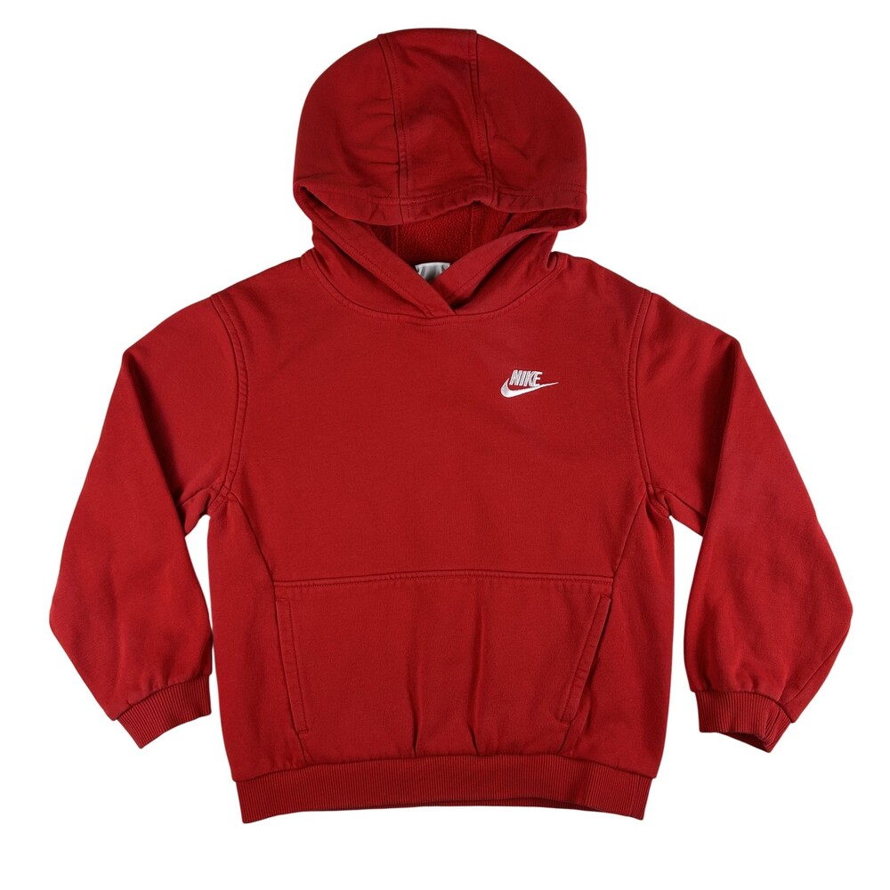 Nike Hoodie Kids Medium Red Fleece Pullover Sweatshirt Small Swoosh Logo